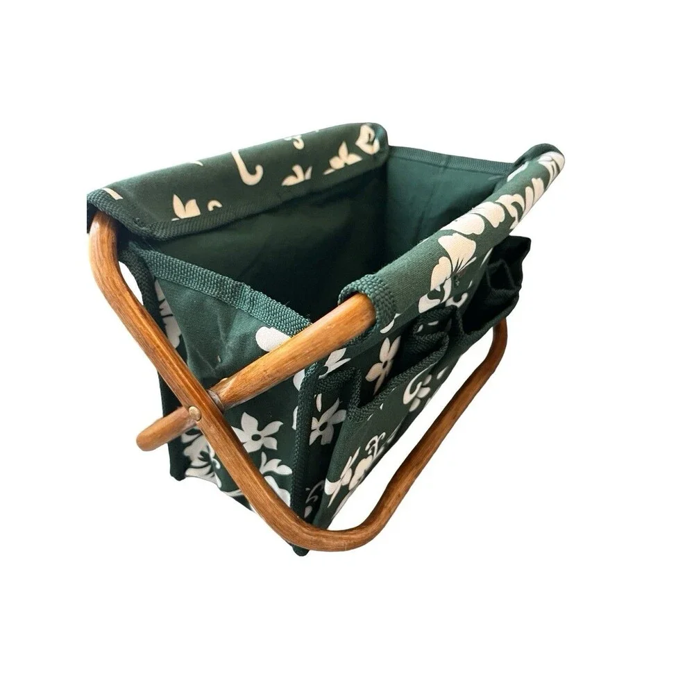 Vintage Folding Sewing Craft Organizer Basket Green Floral Wood Handle Storage